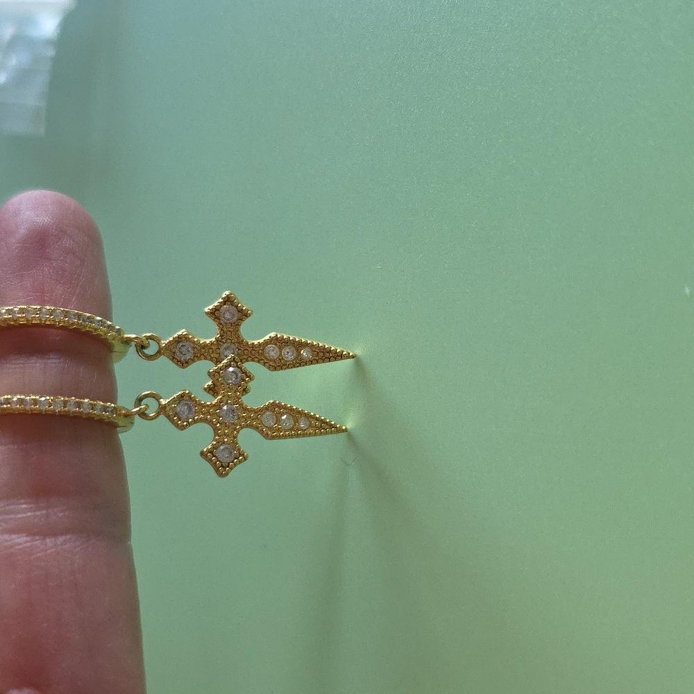 Elegant Gold Tone Cross Pendant Earrings